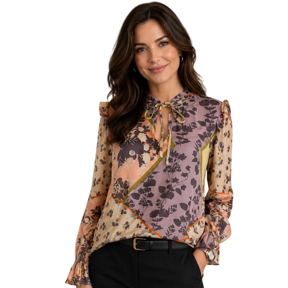 Sanctuary Boho Top Womens Medium Multicolor Patchwork Floral Ruffled Sleeves